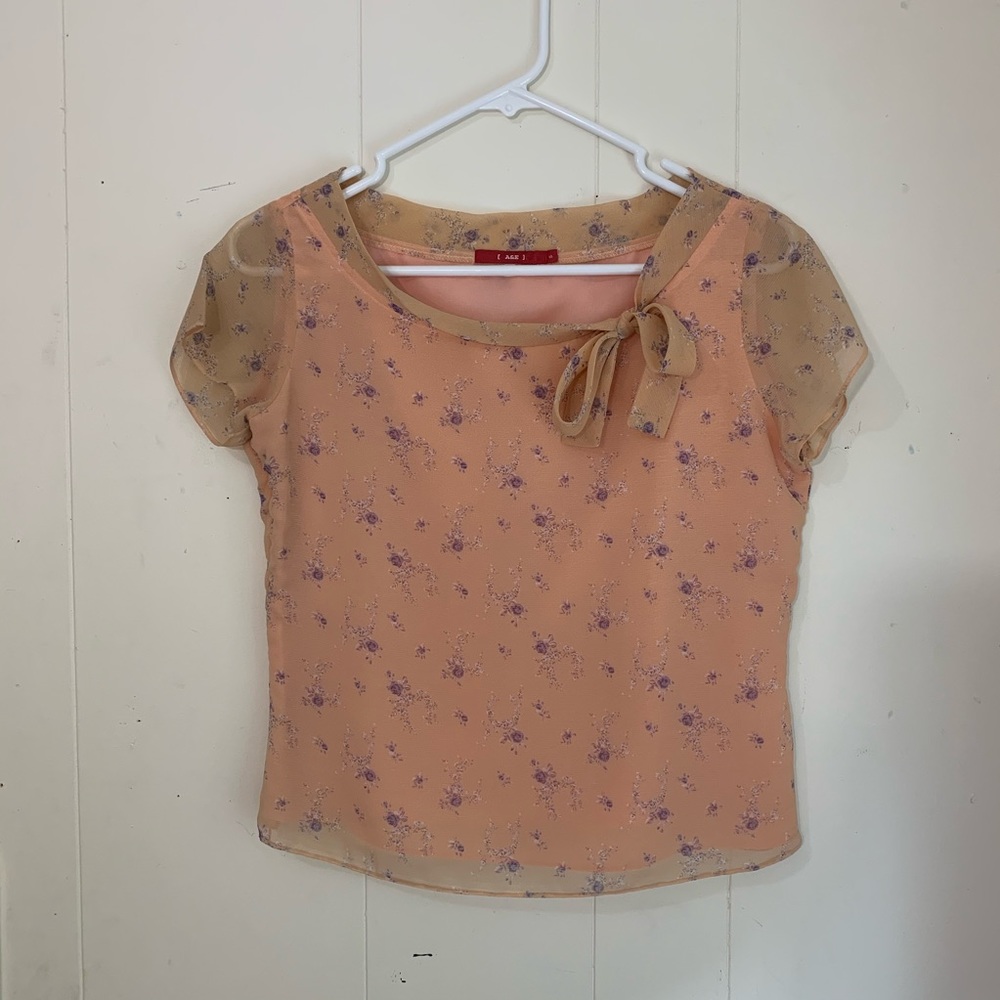 Peach and Floral Tie Up Blouse